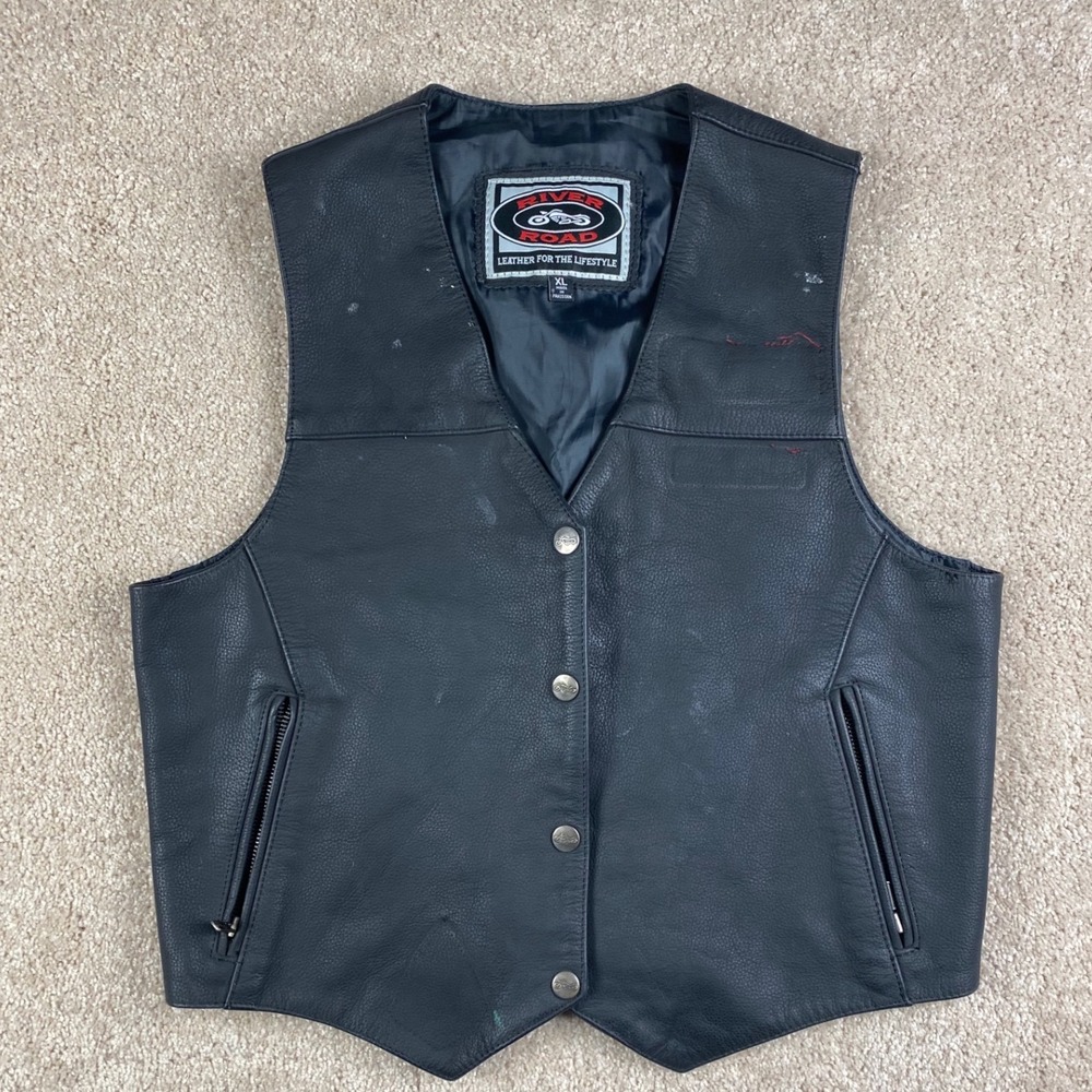 River Road Black Buffalo Leather Motorcycle Biker Vest XL 09-3919